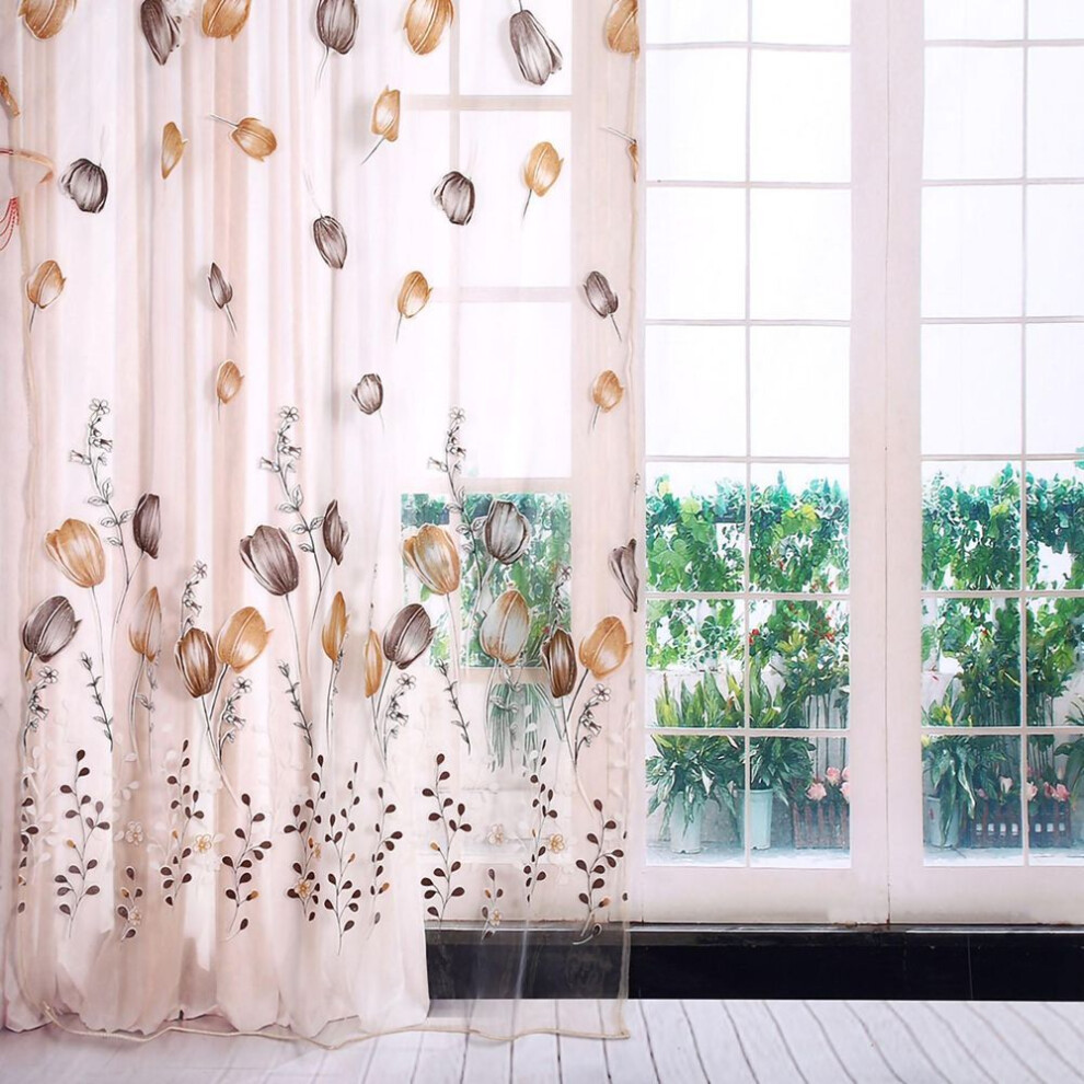 (white) 100*200cm Tulips Printing Tulle Curtains Sheer Drape Balcony Window Decoration