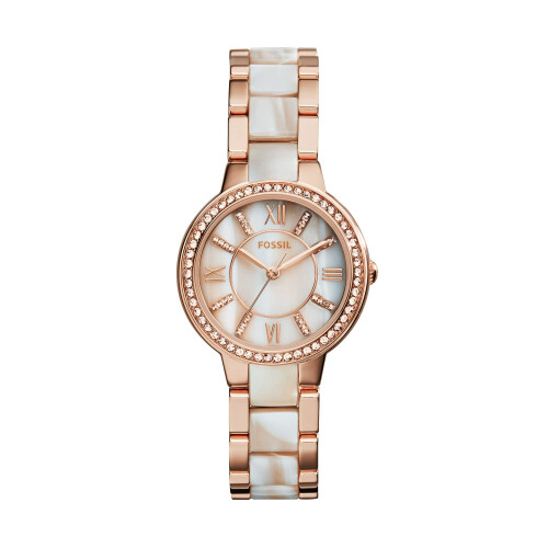 Fossil Fossil Γυναικείο Ρολόι Virginia Quartz Inox και Ακετάτη, Ροζ Χρυσό/Λευκό Κέρας (Μοντέλο: ES3716)