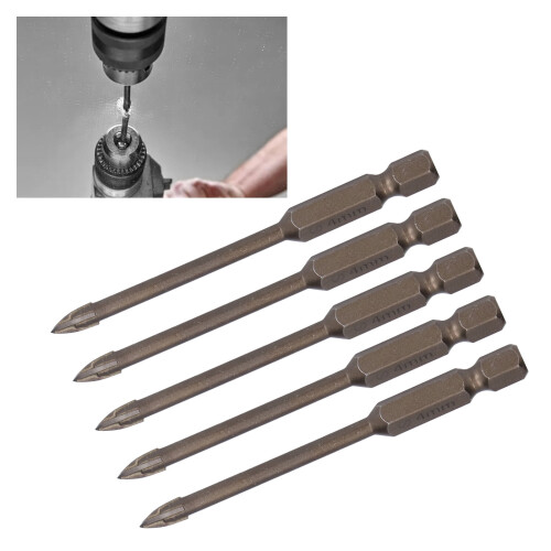 5Pcs Cross Drill Bit Set 1/4in Hex for Glass, Tile, Concrete, 4mm