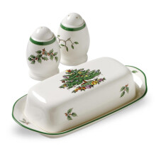 Spode Christmas Tree 3-Piece Hostess Set, 8 - Inch Butter Dish with Lid, 3 - Inch Salt and Pepper Shaker, Made of Fine Earthenware, Perfect for Hostin