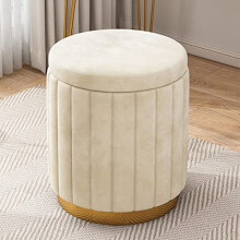 Large Plush Velvet Ottoman with Gold Base Stylish Round Footrest Stool 34x34x45cm Beige