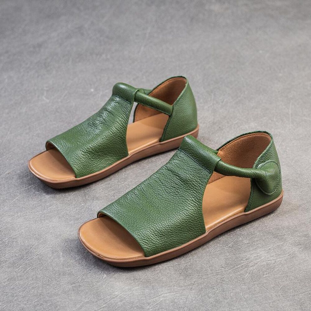 (green, 37) "2024 Summer Women's Peep-toe Flat Leather Sandals