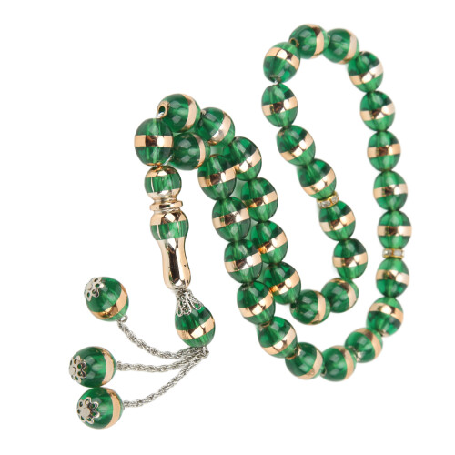 Chapelet à 33 perles, 12 mm vert, résine-métal, gravé 2