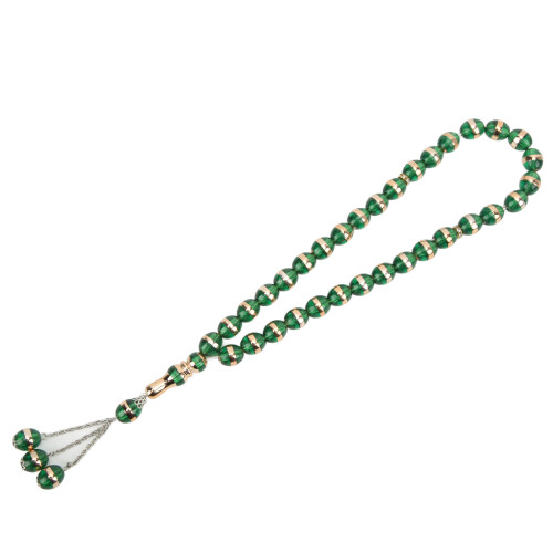 Chapelet à 33 perles, 12 mm vert, résine-métal, gravé 1