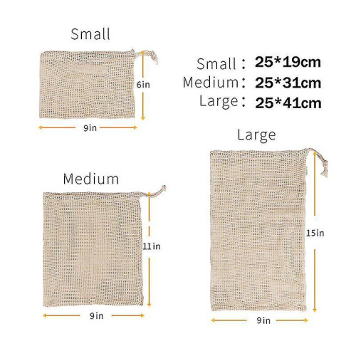 (L) 3pcs Cotton Mesh Vegetable Bags Reusable Vegetable Storage Bag 2