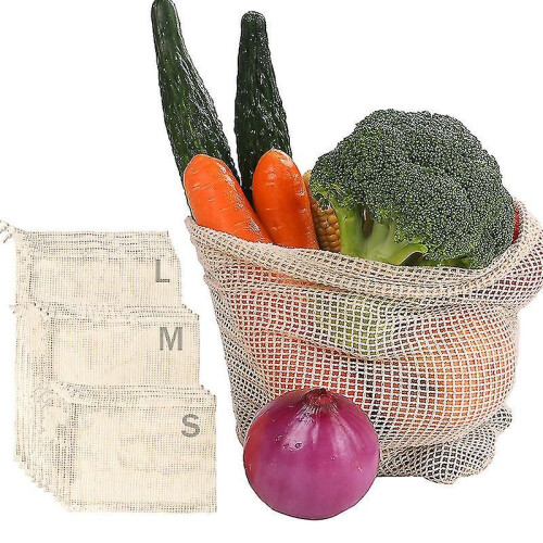 (L) 3pcs Cotton Mesh Vegetable Bags Reusable Vegetable Storage Bag 1
