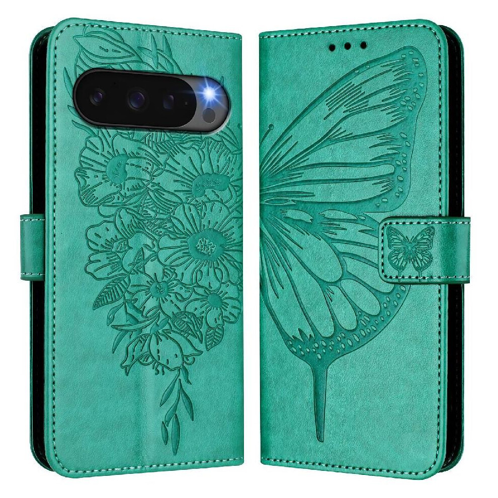 (Green) Case For Google Pixel 10 5G Magnetic Embossing Butterfly Flip Cover Premium Leather Green 764563127597
