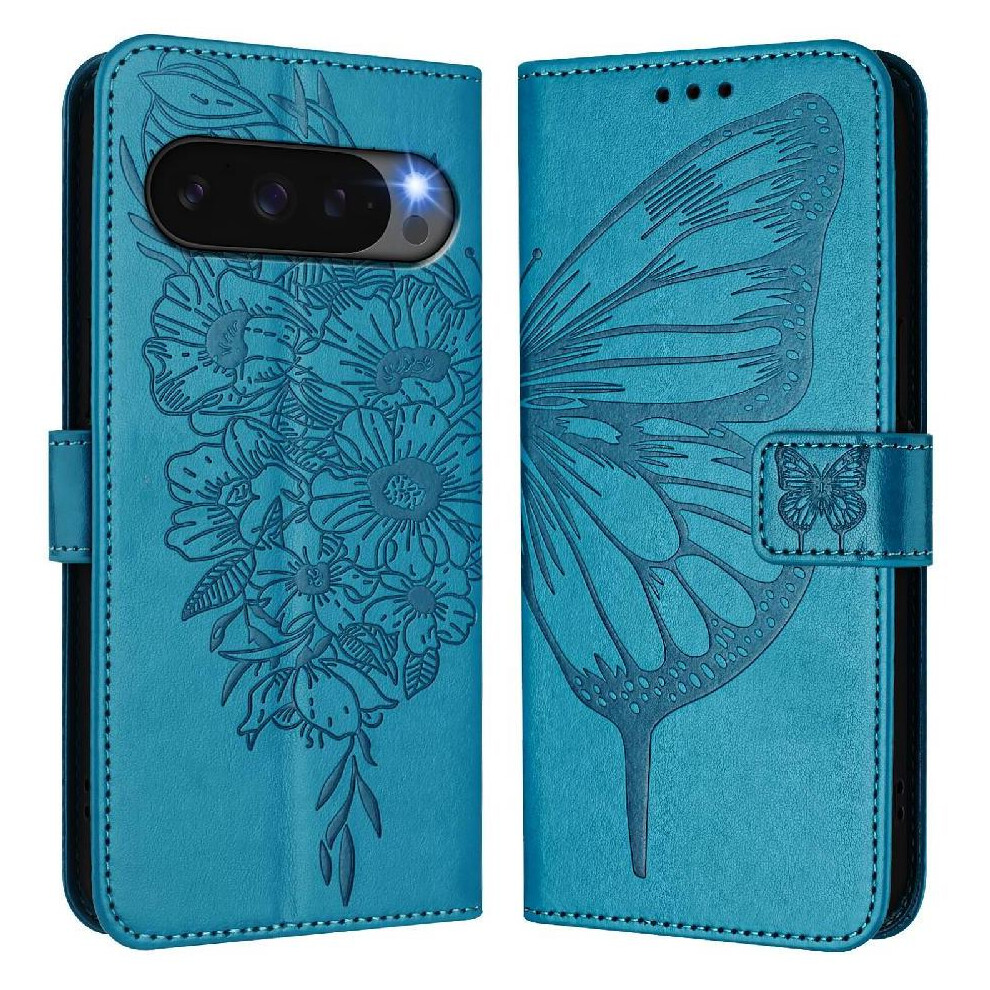 (Blue) Case For Google Pixel 10 5G Magnetic Embossing Butterfly Flip Cover Premium Leather Blue 764563127580