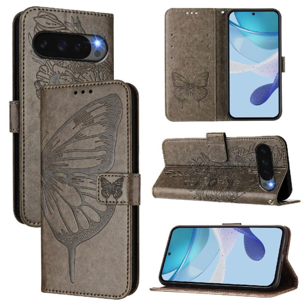 ( ) Case For Google Pixel 10 Pro 5G Flip Cover Premium Leather Magnetic Embossing Butterfly Gray 764563127658
