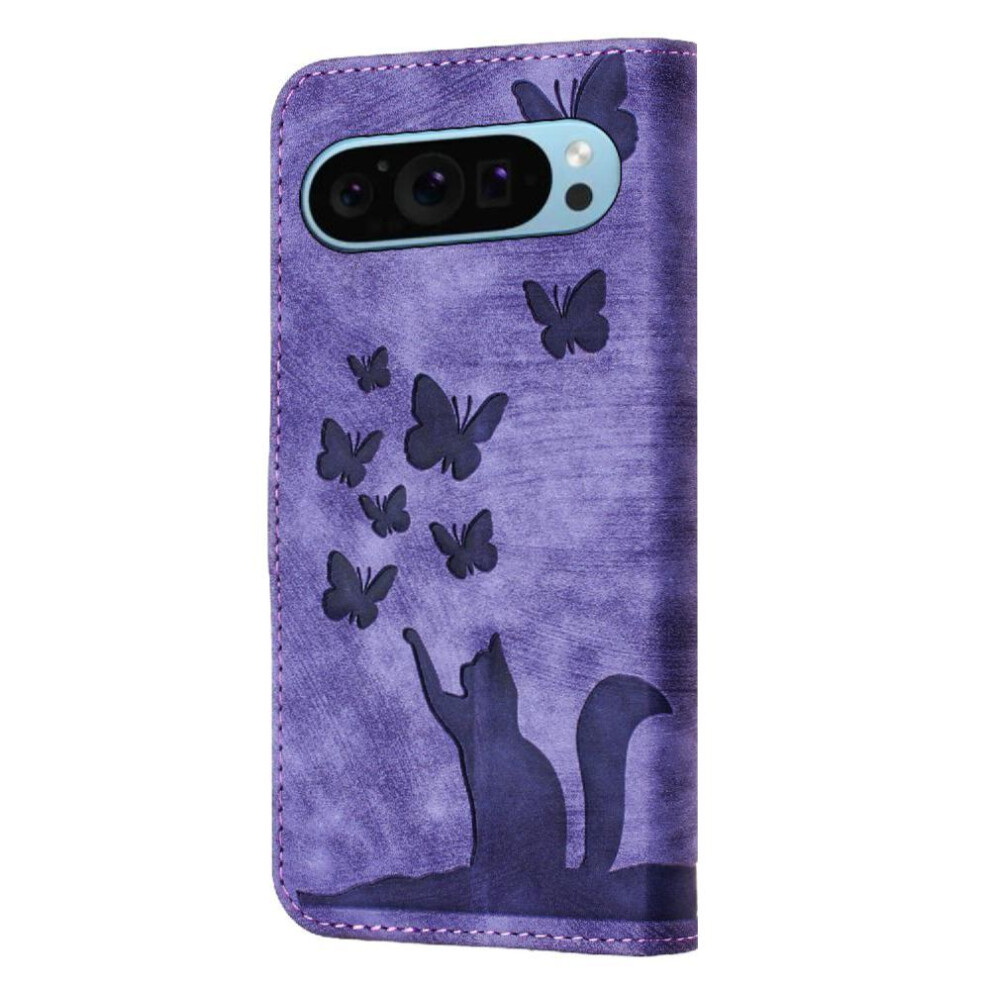 (Purple) Case For Google Pixel 10 Holder Cover Wallet Case Embossed Butterfly Cat Card Pocket Flip Folio Purple 764563129102