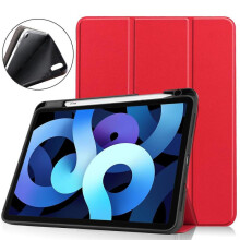 For 2020 iPad Air4 Tablet Case iPad 10.9 Inch Soft Pen Slot Drop Resistant Air5 Full Cover Leather Case-Red