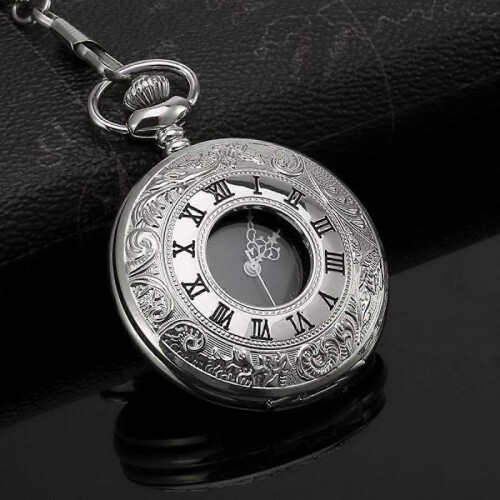 Quartz Pocket Watch for Men with Black Dial and ChainSilver,QWER39 2
