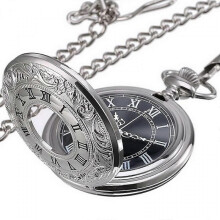 Quartz Pocket Watch for Men with Black Dial and ChainSilver,QWER39