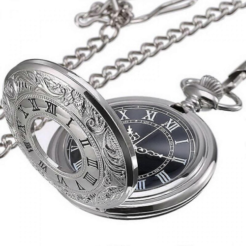 Quartz Pocket Watch for Men with Black Dial and ChainSilver,QWER39