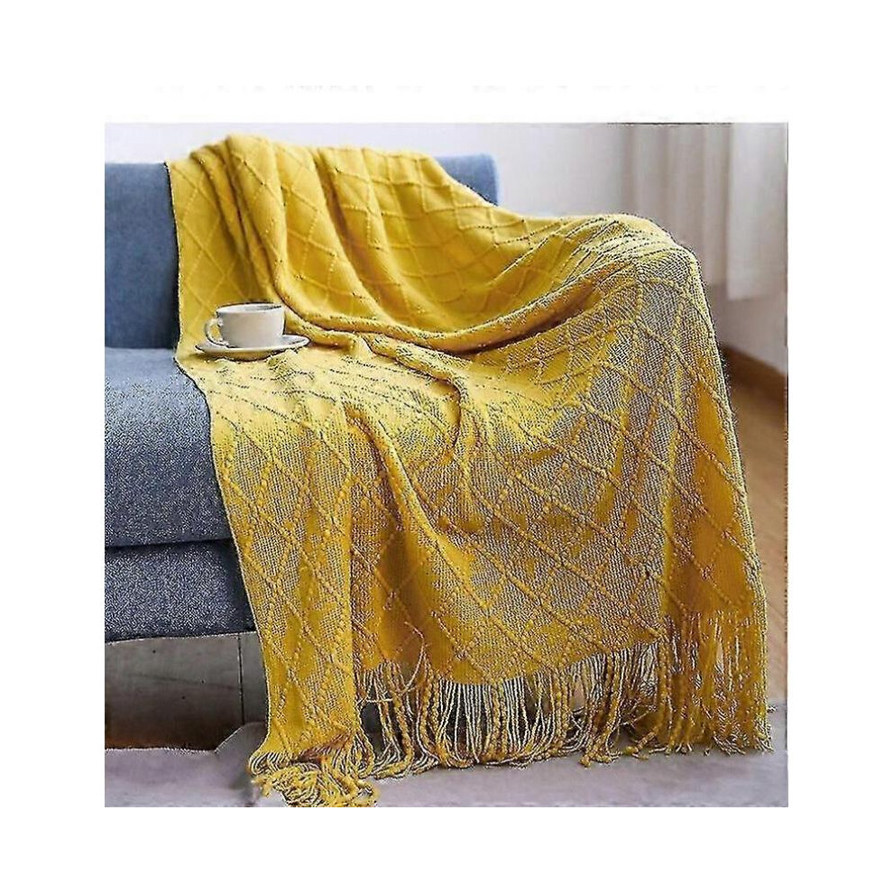 (150x230cm,diamond yellow)Nordic Knitted Throw Blanket - Soft, Textured & Solid for Sofa, Bed & Christmas Decor in Europe