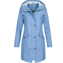 (Blue, M) Women Solid Rain Jacket Outdoor Plus Size Waterproof Hooded Raincoat Windproof-yky