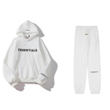 (S, White) ESSENTIALS 3D Silicone Letter Flocking Print American Sweater Jacket + Pants Casual Suit for Men and Women
