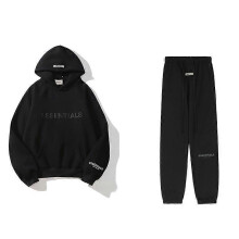 (L, black) ESSENTIALS 3D Silicone Letter Flocking Print American Sweater Jacket + Pants Casual Suit for Men and Women