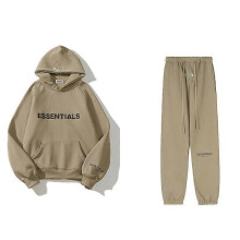 (L,Camel)ESSENTIALS 3D Silicone Letter Flocking Print American Sweater Jacket + Pants Casual Suit for Men and Women