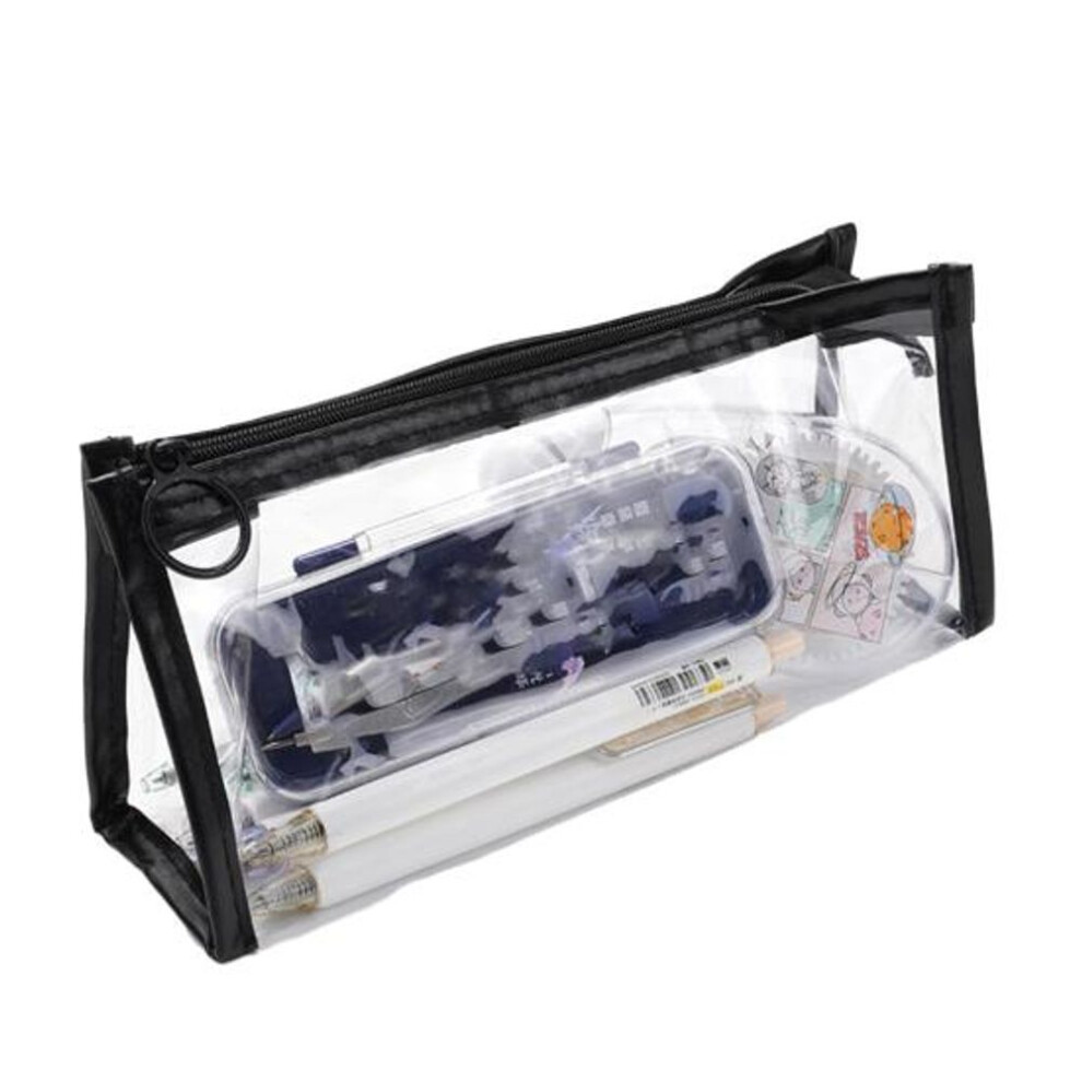 (black) Clear Pencil Pouch Case With Zipper Waterproof Toiletry Makeup Storage Bag Student