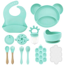 (mint green) Upgrades Silicone Plate for Baby Feeding Secure Suction Plate with Bowl Bottle Spoon & Forks set Baby Feeding set smoke gray