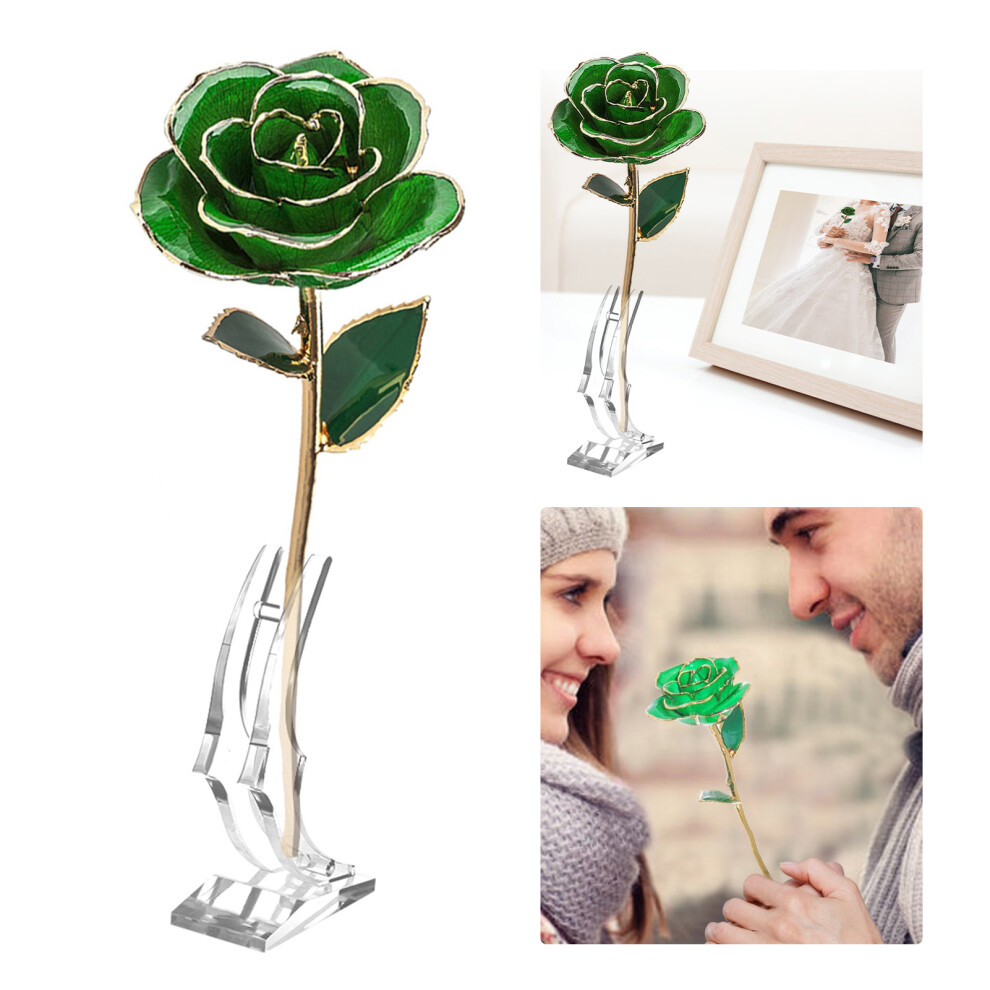 Forever Green Rose 24K Metal Artificial Flower with Leaf & Base Decoration-image-OPC-PJ6F9CN-NEW