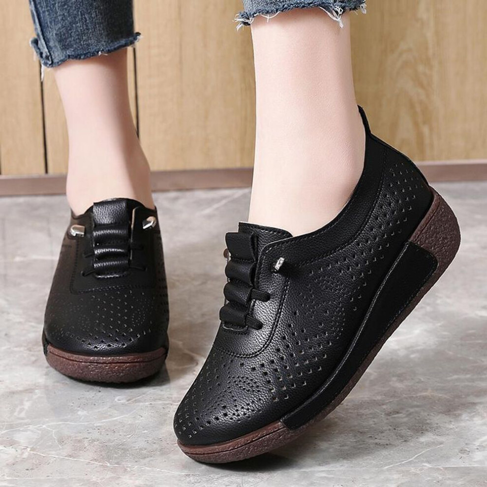 (black, 40) Women Platform Loafers Black Casual Summer Breathable Leather Beige Shoes Thick Sole Height Increase Wedge Chunky Shoes