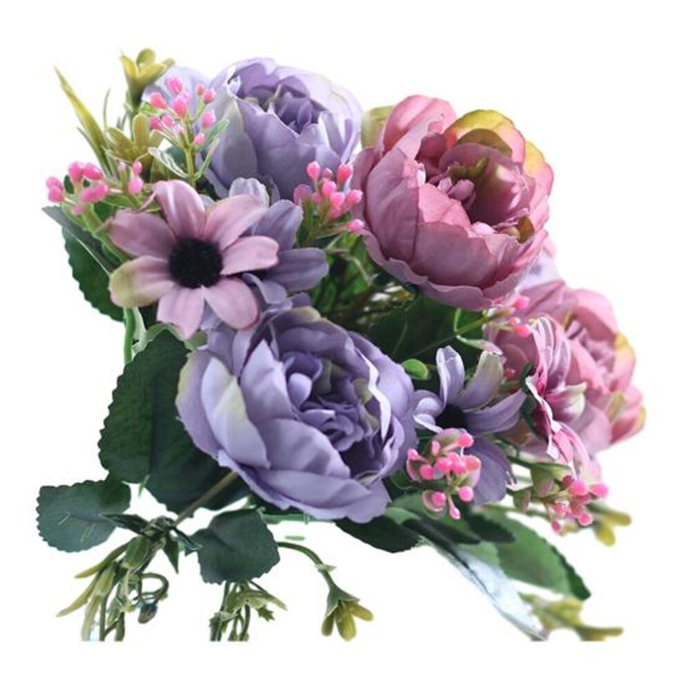 (purple) Simulated Peony Flower Realistic Artificial Bouquet With Green Leaves Branches