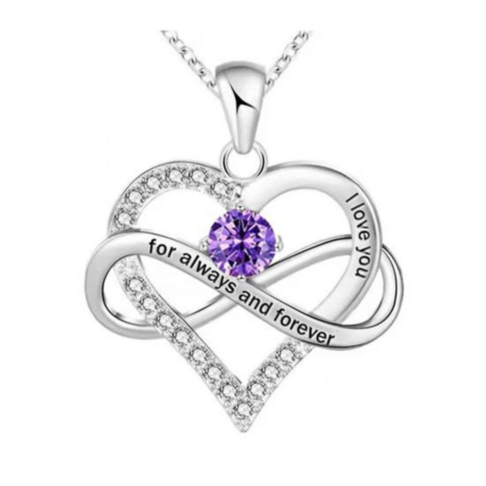 (purple) Heart Necklace For Women Romantic I Love You Forever Cubic Zirconia Heart