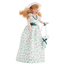 Miniature 1:12 Porcelain Doll Green Dress Elegant Lady Dollhouse Accessory