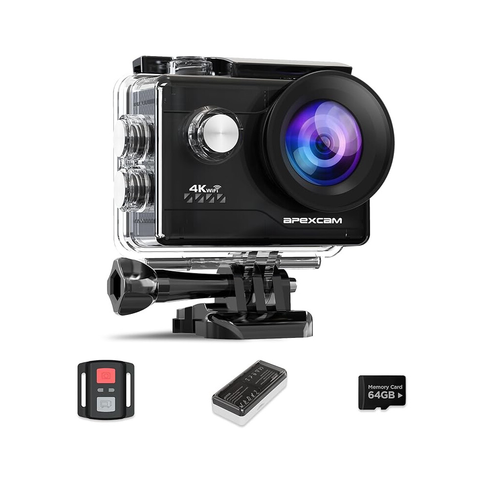 Apexcam Action Camera 4K 60FPS 64MP with 64GB Card WiFi Underwater Camera Waterproof 40M Sports Camera EIS With Ultra HD 170° Wide Angle 2.4G