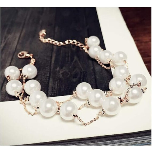 Wedding Charm Rose Gold Stackable Imitation Pearl Strand Anklet Link Chain Bracelet Bangle for Bridal 1