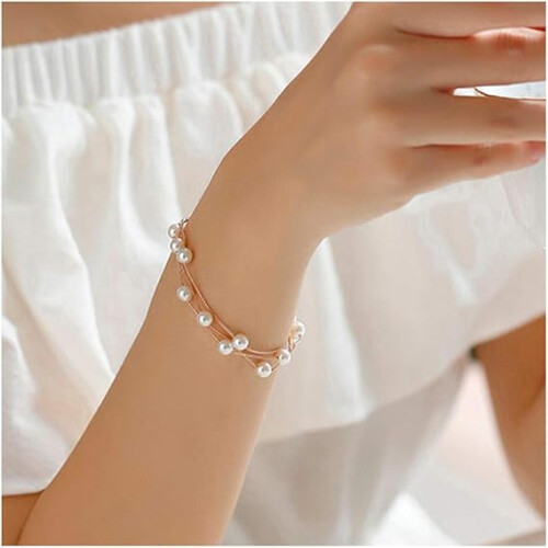 Wedding Charm Rose Gold Stackable Imitation Pearl Strand Anklet Link Chain Bracelet Bangle for Bridal