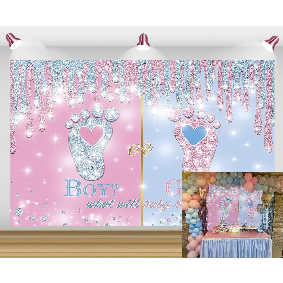 5*3 Ft,Little Feet Gender Reveal Backdrop Boy Or Girl Baby Reveal Party Photography Background Pink/Blue 7042558872008