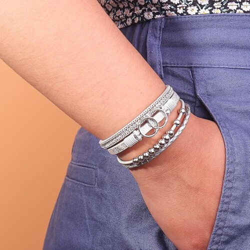 Boho Wrap Bracelets Leather Cuff Bangle Gold Beaded Bracelets for Women Stackable Infinity Bracelets Jewelry with Clasp 2