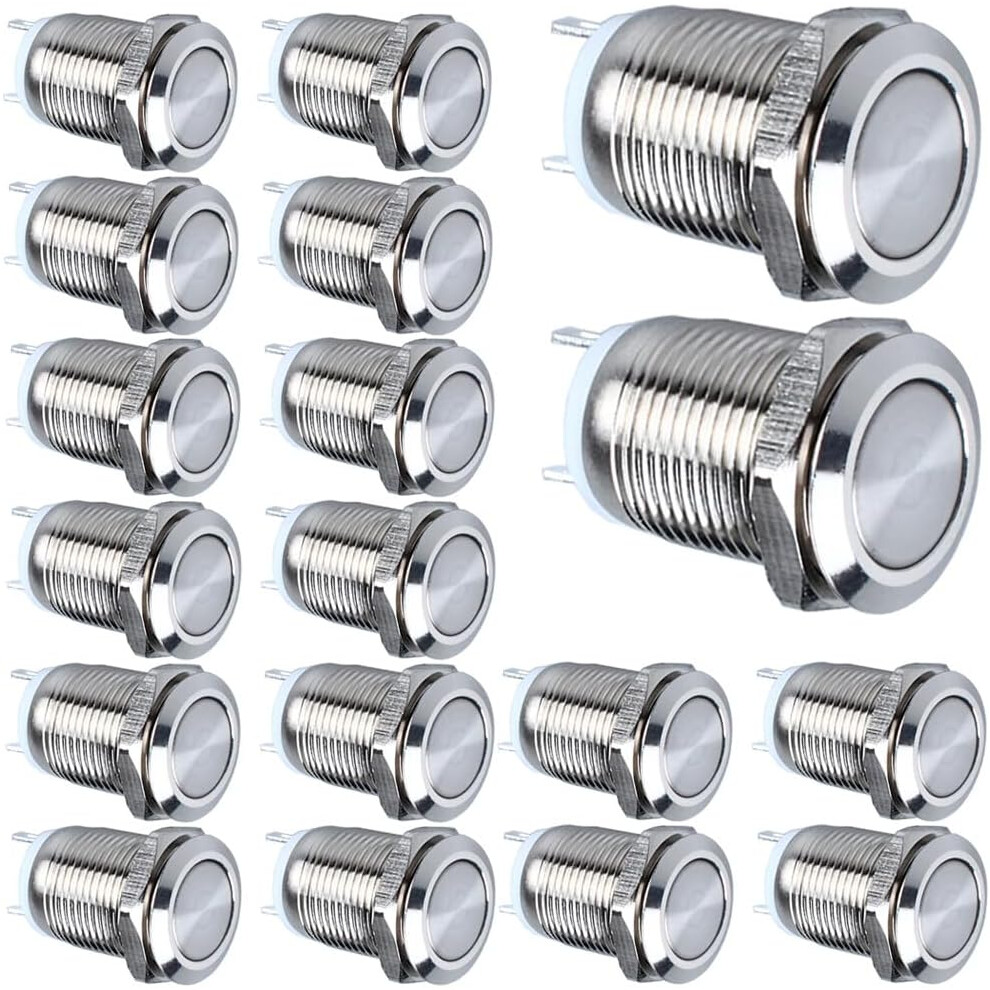 18Pcs 12Mm 2A 12V/24V/125V/250V Ac Momentary Waterproof Push Button Switch Stainless Steel On-Off Push Button (Flat Head) 7042558876143