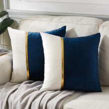 2Packs Navy Decorative Throw Pillow Covers 18x18'' for Living Room Couch Bed, Velvet Patchwork with Gold Leather, Luxury Modern Farmhouse Home Decor