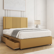 (Mustard, 4ft6") Monaco Divan Bed with 2 Drawer Plush 26" Headboard & Mattress Included