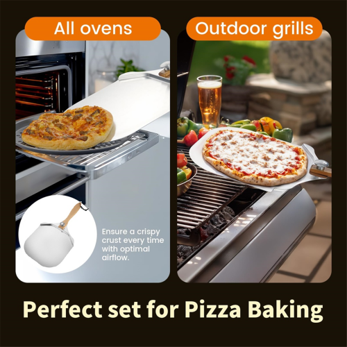 4 PCS Pizza Peel Set, Metal Spatula with Foldable Wood Handle, 2