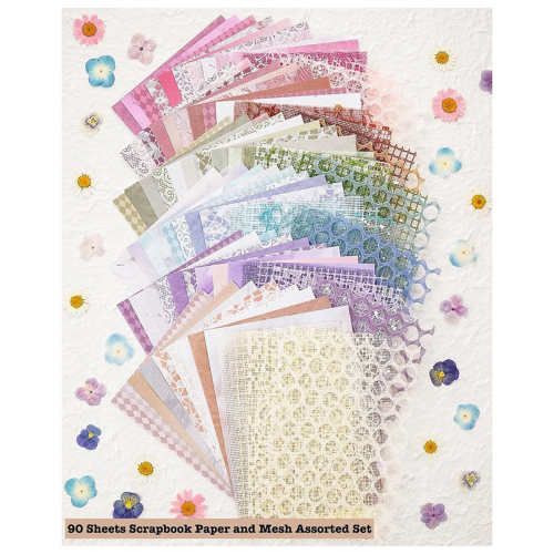 90 Sheets Scrapbook Paper And Decorative Mesh Fabric Assorted Set B 2