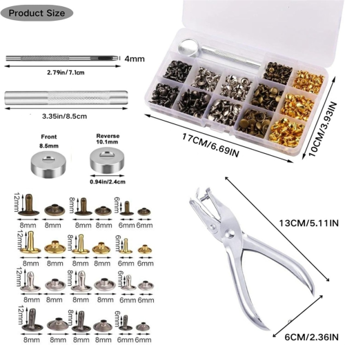 Leather Rivet Kit,180 Sets Double Cap Rivets Tubular,for Thin Leather 1