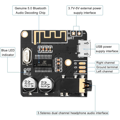 5 τεμάχια πλακέτα δέκτη ήχου Bluetooth, ενισχυτής στερεοφωνικού ήχου BT 5.0 1