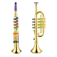 Conjunto de 2 instrumentos musicais: trompete, saxofone e clarinete portátil.