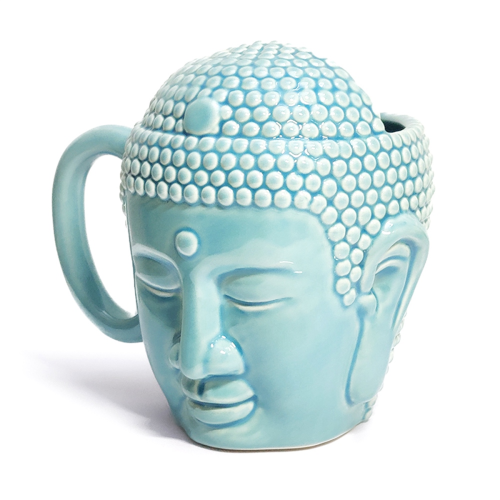 Xícara de café Tathagata em formato de cabeça de Buda, feita de cerâmica.