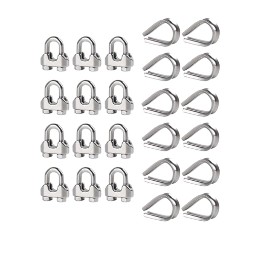 Conjunto de 12 abraçadeiras para cabos de aço de 1/4" M6 com dedal.