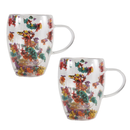 2PCS Fillings Dry Flowers Double Wall Glass Cup With Handle 2