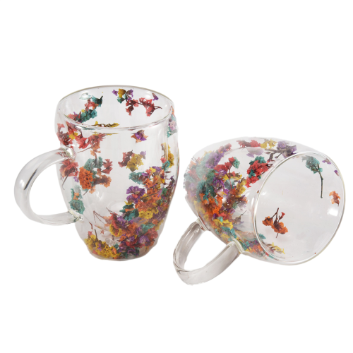 2PCS Fillings Dry Flowers Double Wall Glass Cup With Handle 1
