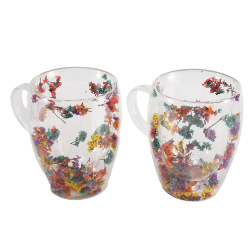 2PCS Fillings Dry Flowers Double Wall Glass Cup With Handle