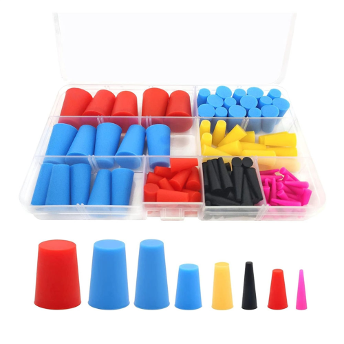 Conjunto de 120 tampões cônicos de borracha, 8 tamanhos de 1/16 a 5/8 polegadas para vedação de furos.