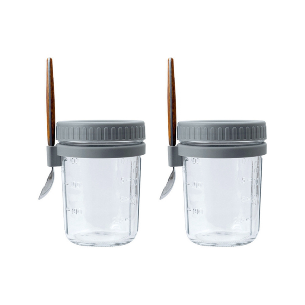 2pcs Breakfast Cup Airtight Oatmeal Jar with Cover and Spoon grey